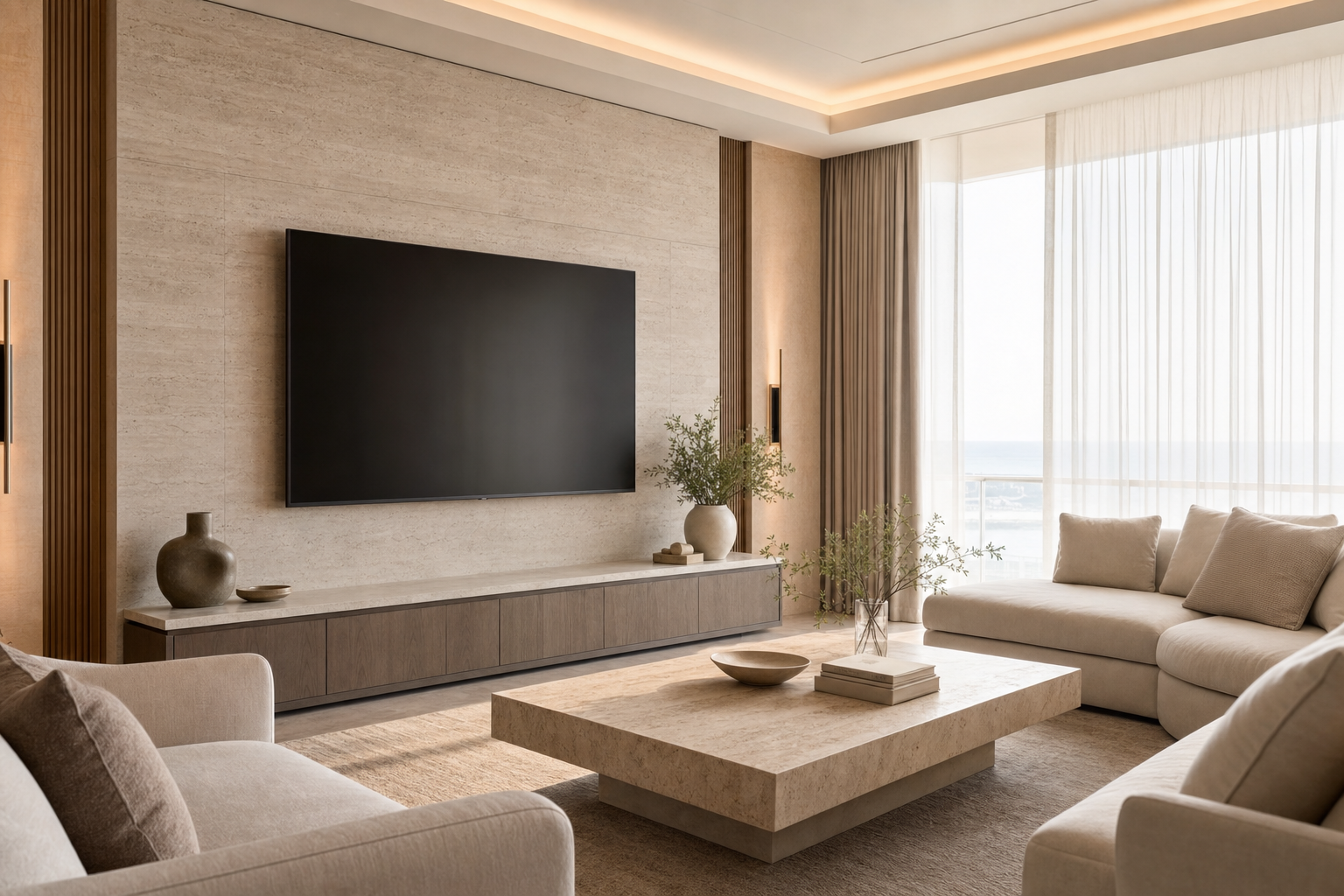 A bright luxury suite with a large smart television