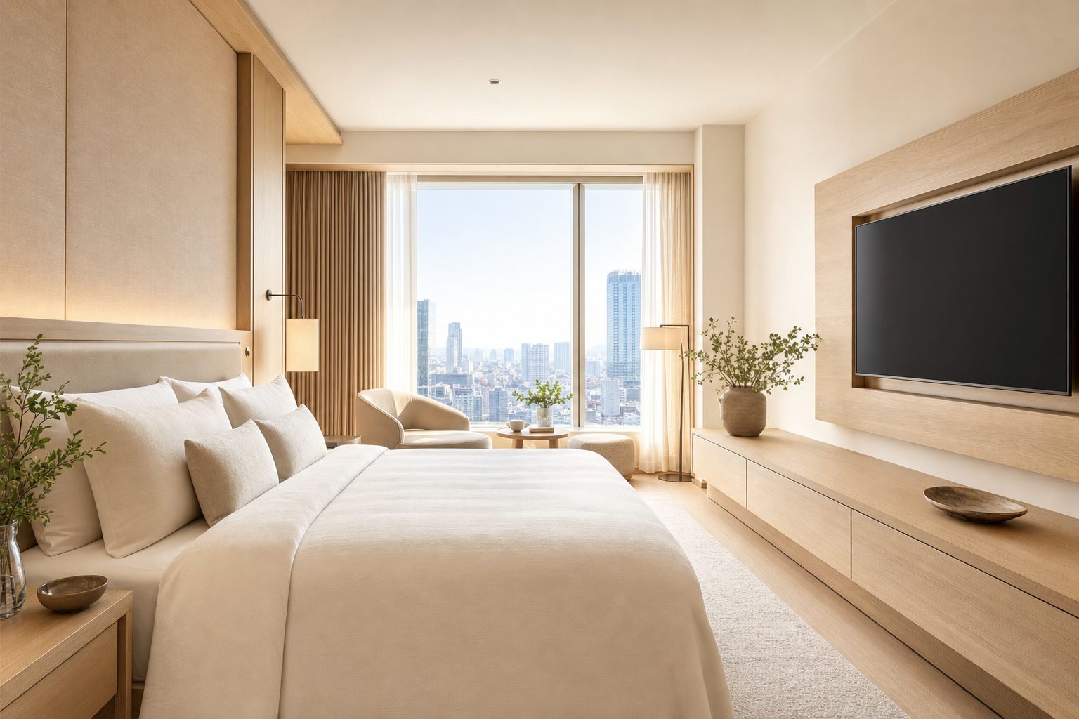 A modern hotel bedroom with a wall-mounted smart television