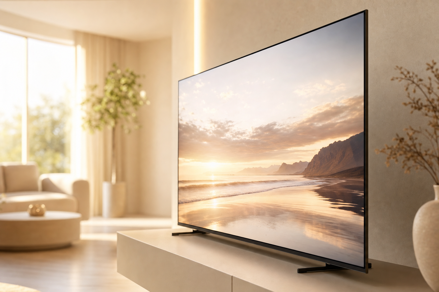 A sleek smart television glowing in a warm minimalist lounge