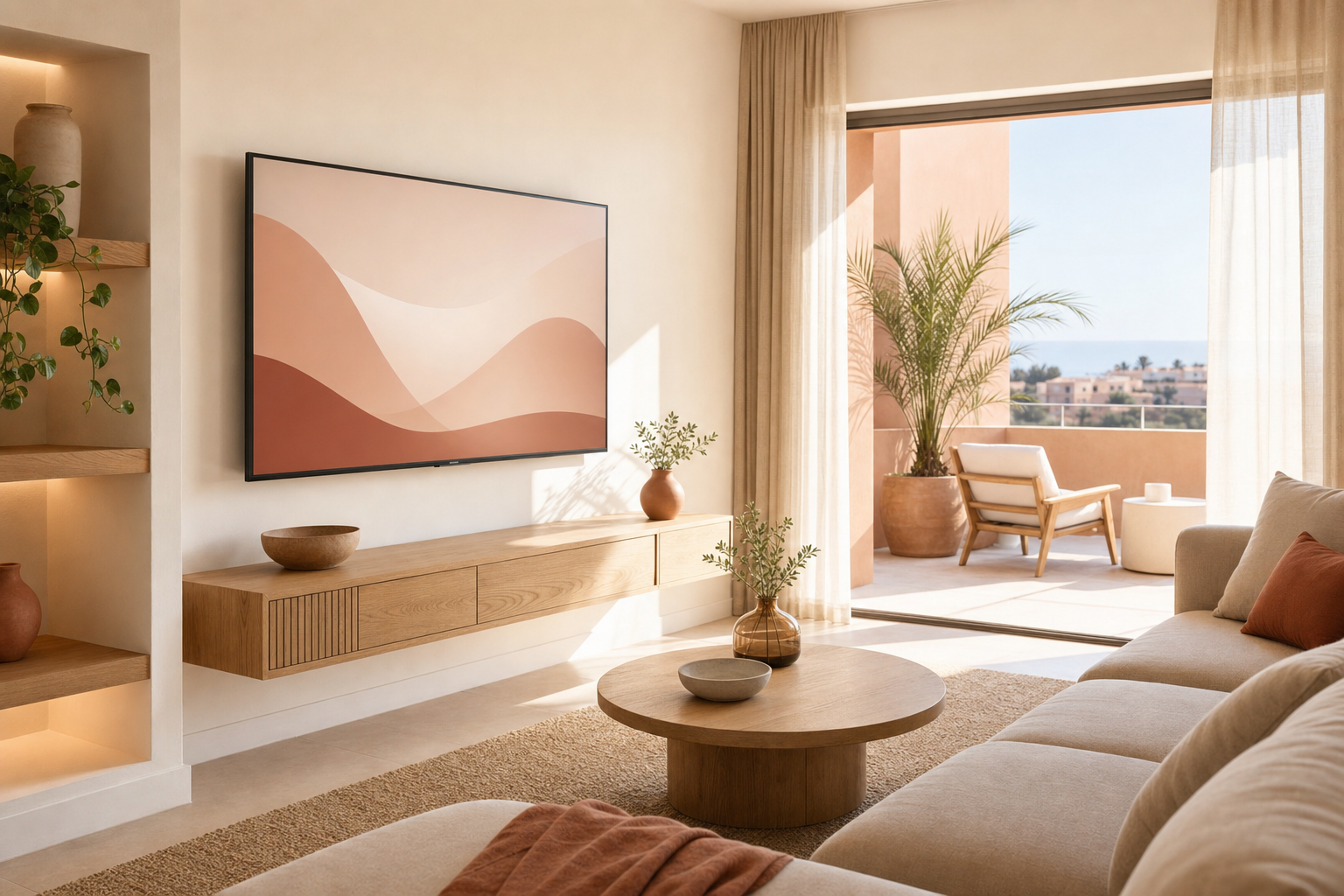 A short-term rental lounge with a wall-mounted smart television