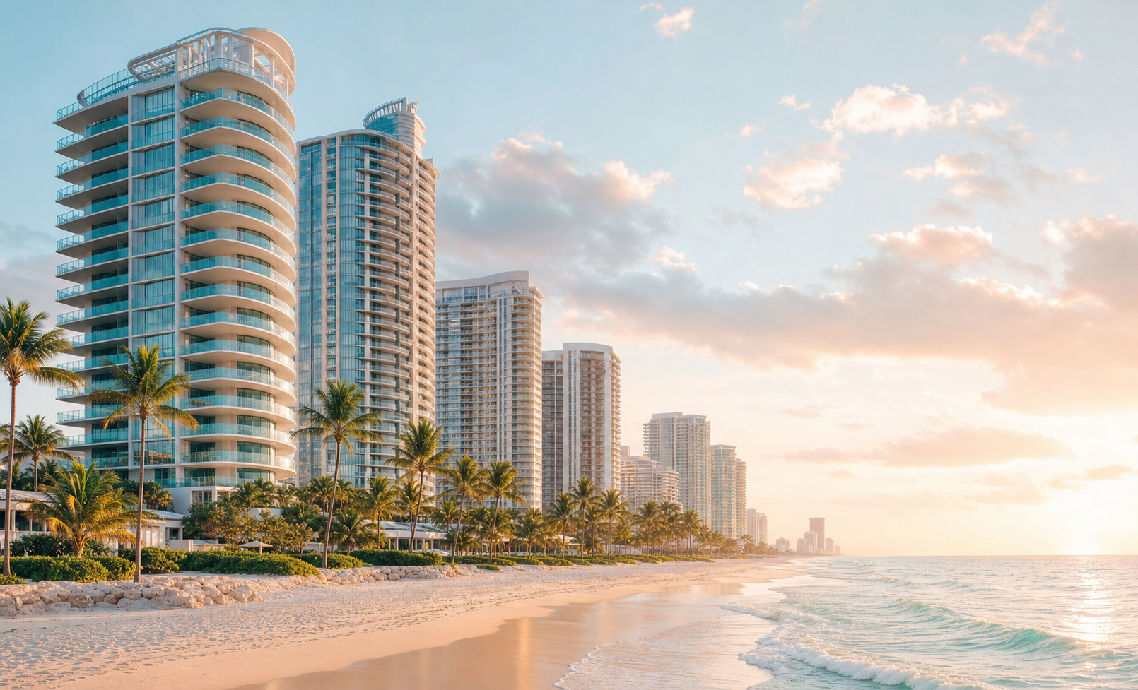 A sunlit coastal skyline of waterfront towers