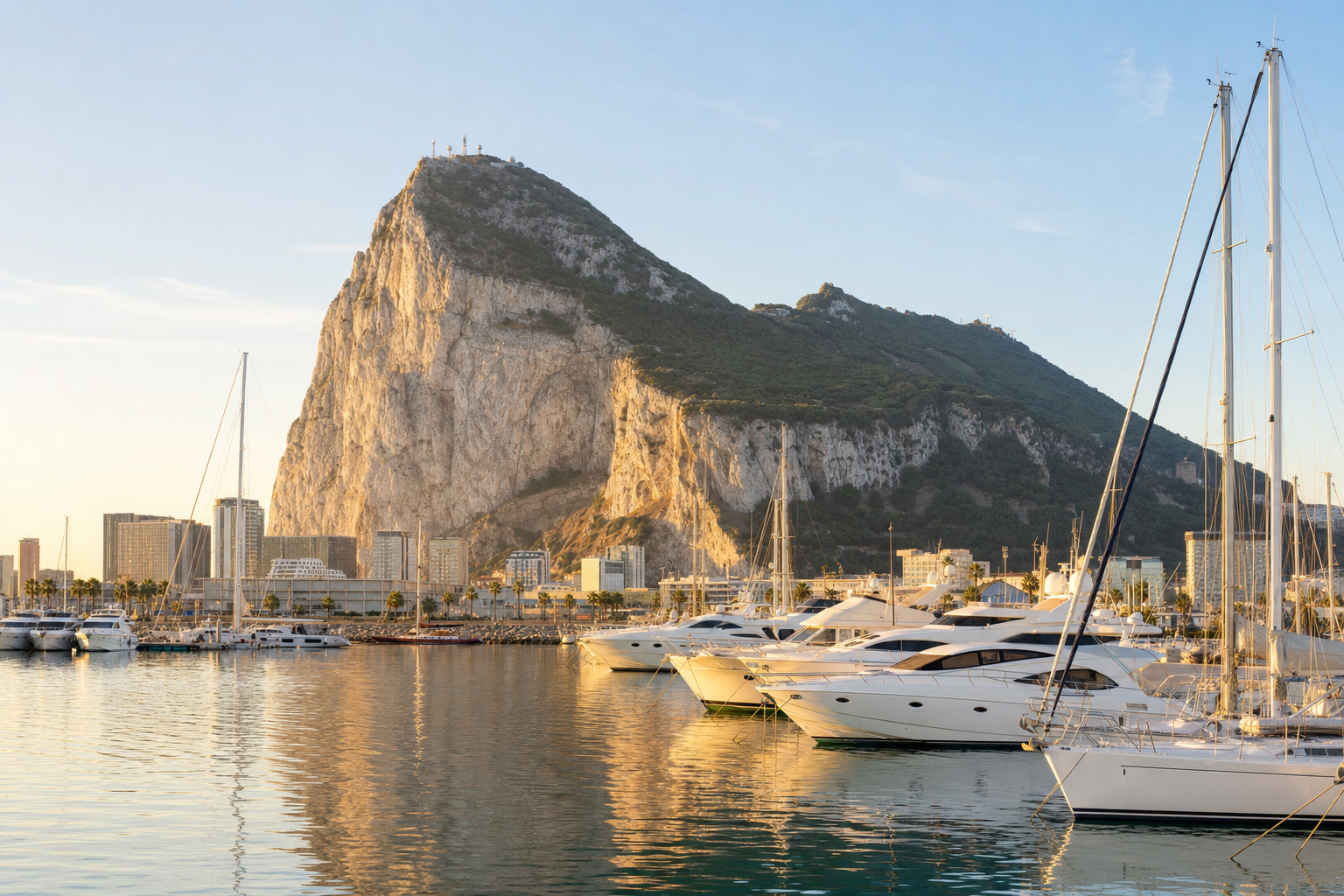 The Rock of Gibraltar seen from the marina at golden hour