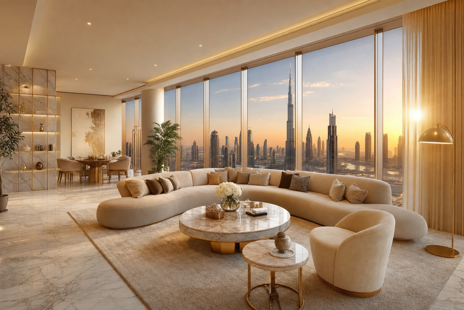 A luxury Dubai penthouse living room overlooking the skyline