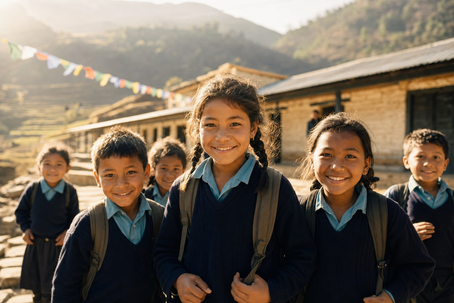 Schoolchildren outside a village school in the Himalayan foothills of Nepal
