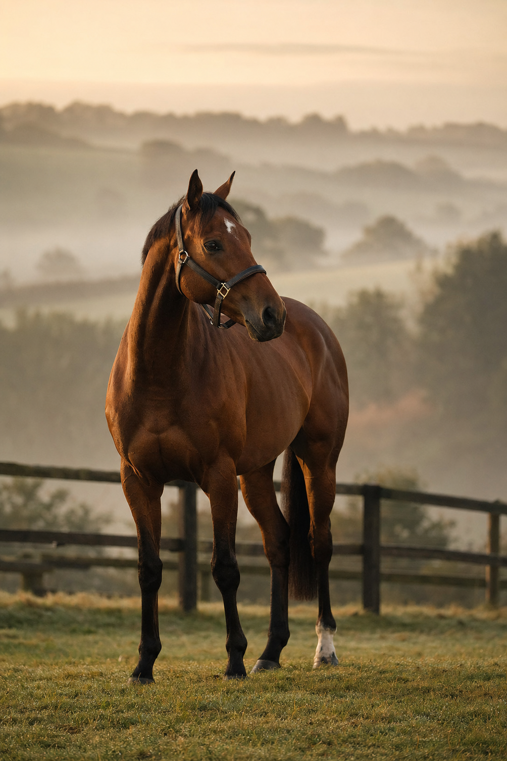 A thoroughbred standing in misty countryside at dawn