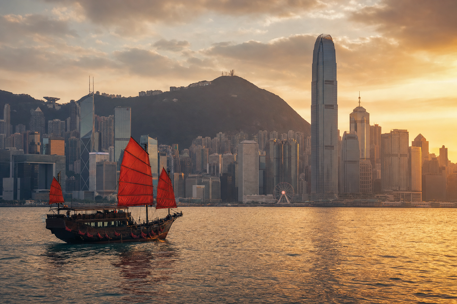 Victoria Harbour and the Hong Kong skyline at golden hour with a red-sail junk