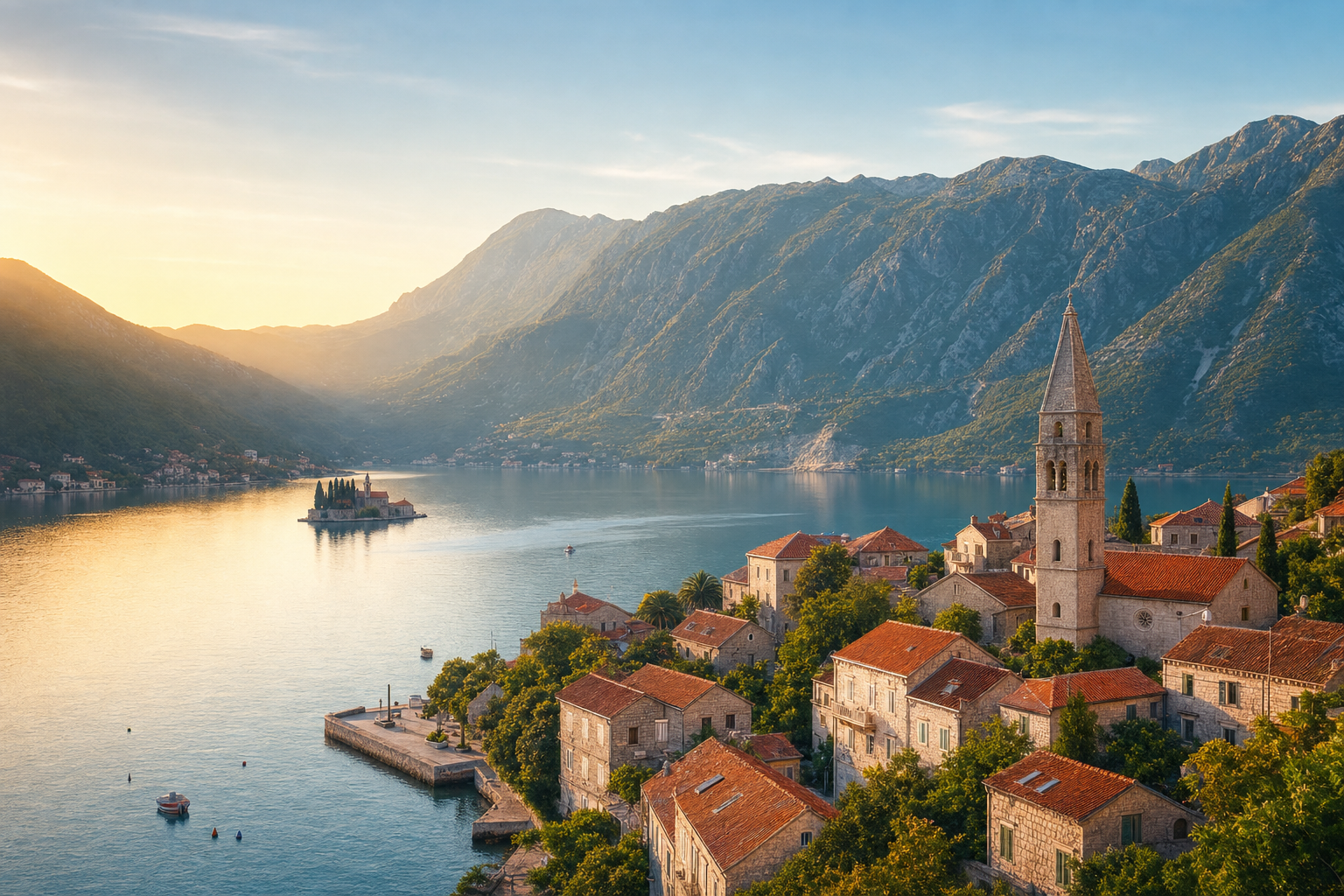 The Bay of Kotor in Montenegro at golden hour