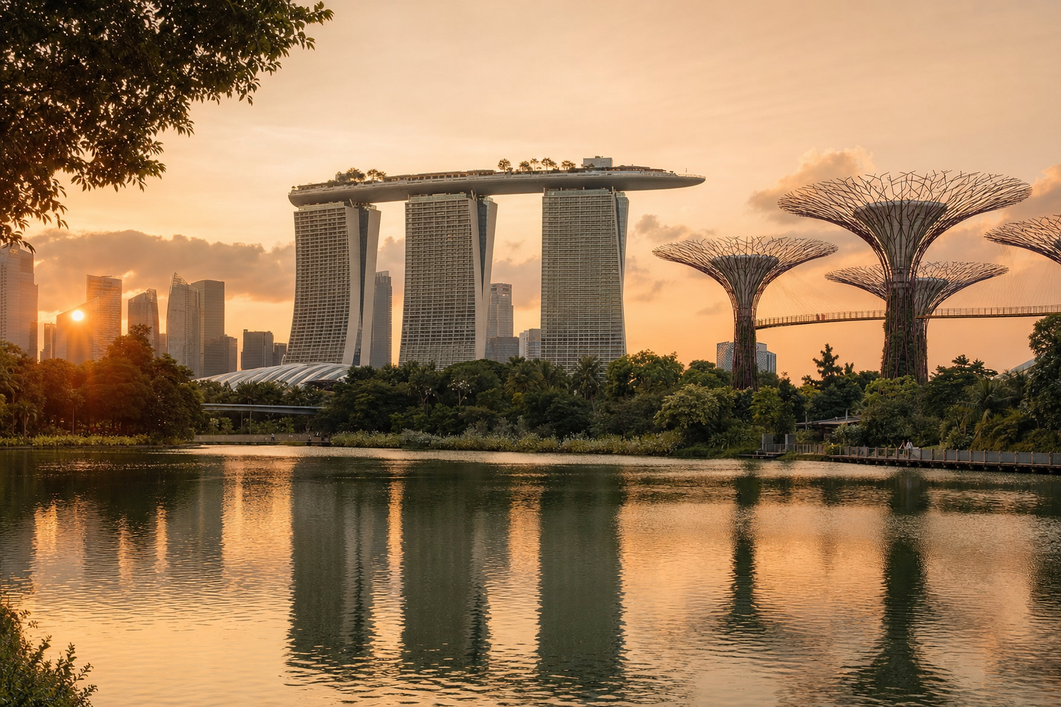 Marina Bay, Singapore at golden hour with the Gardens by the Bay supertrees