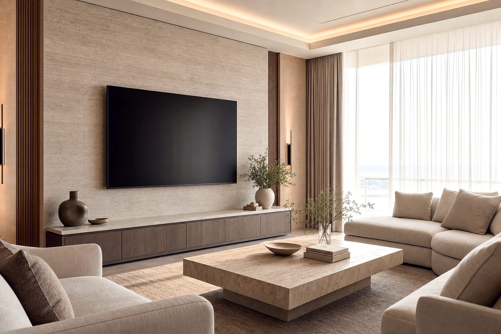 A large wall-mounted television in a serviced apartment living room — the screen inventory AdVision Connect monetises