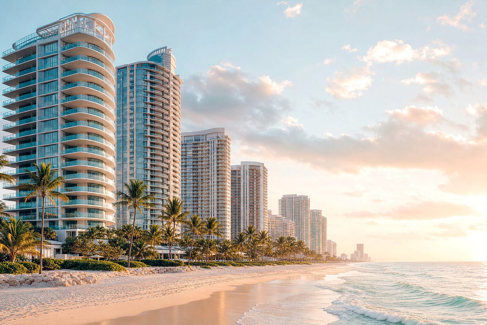 Coastal residential towers on a Dubai beachfront at first light