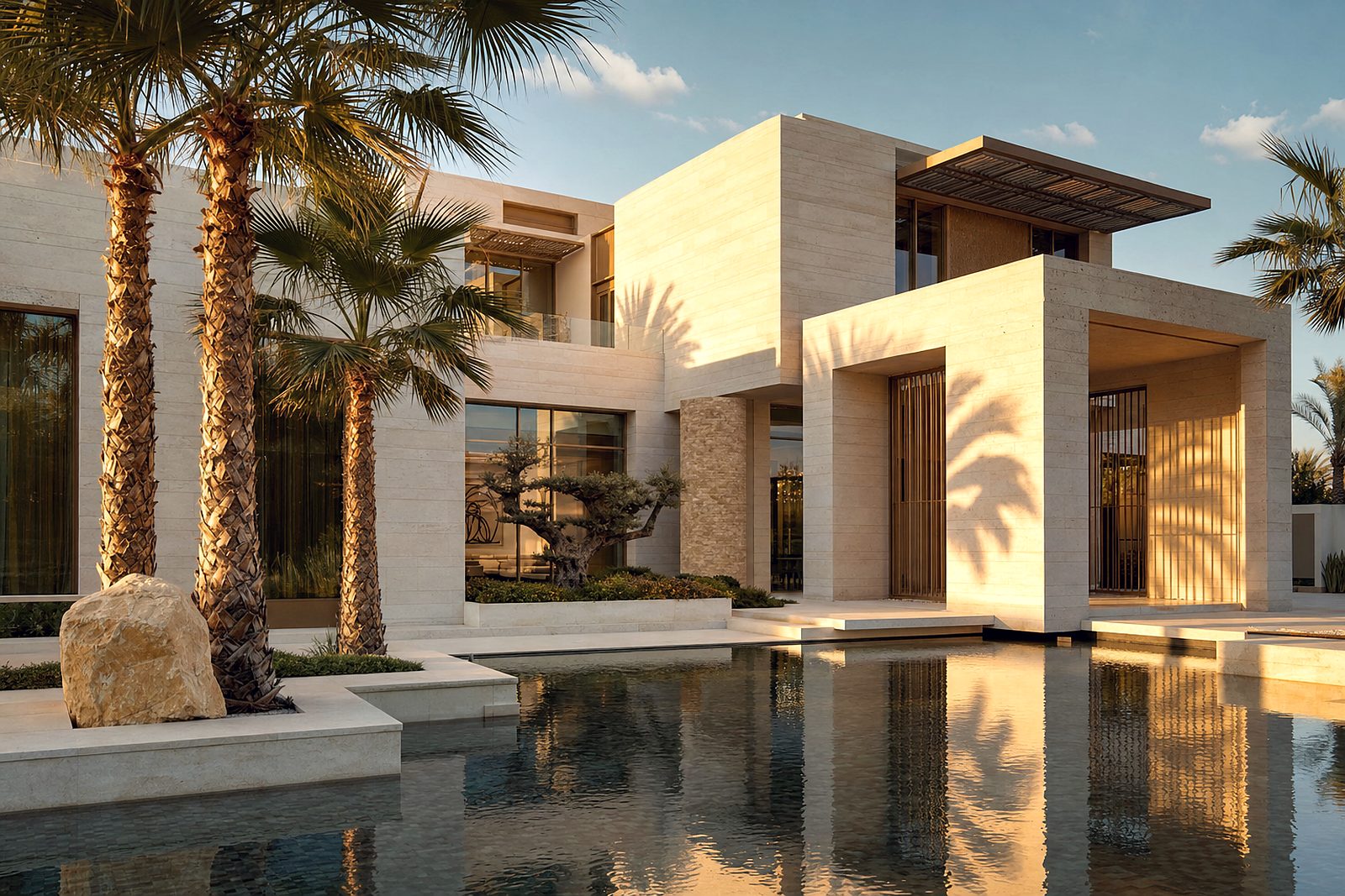 A contemporary Dubai villa with pool and mature palms