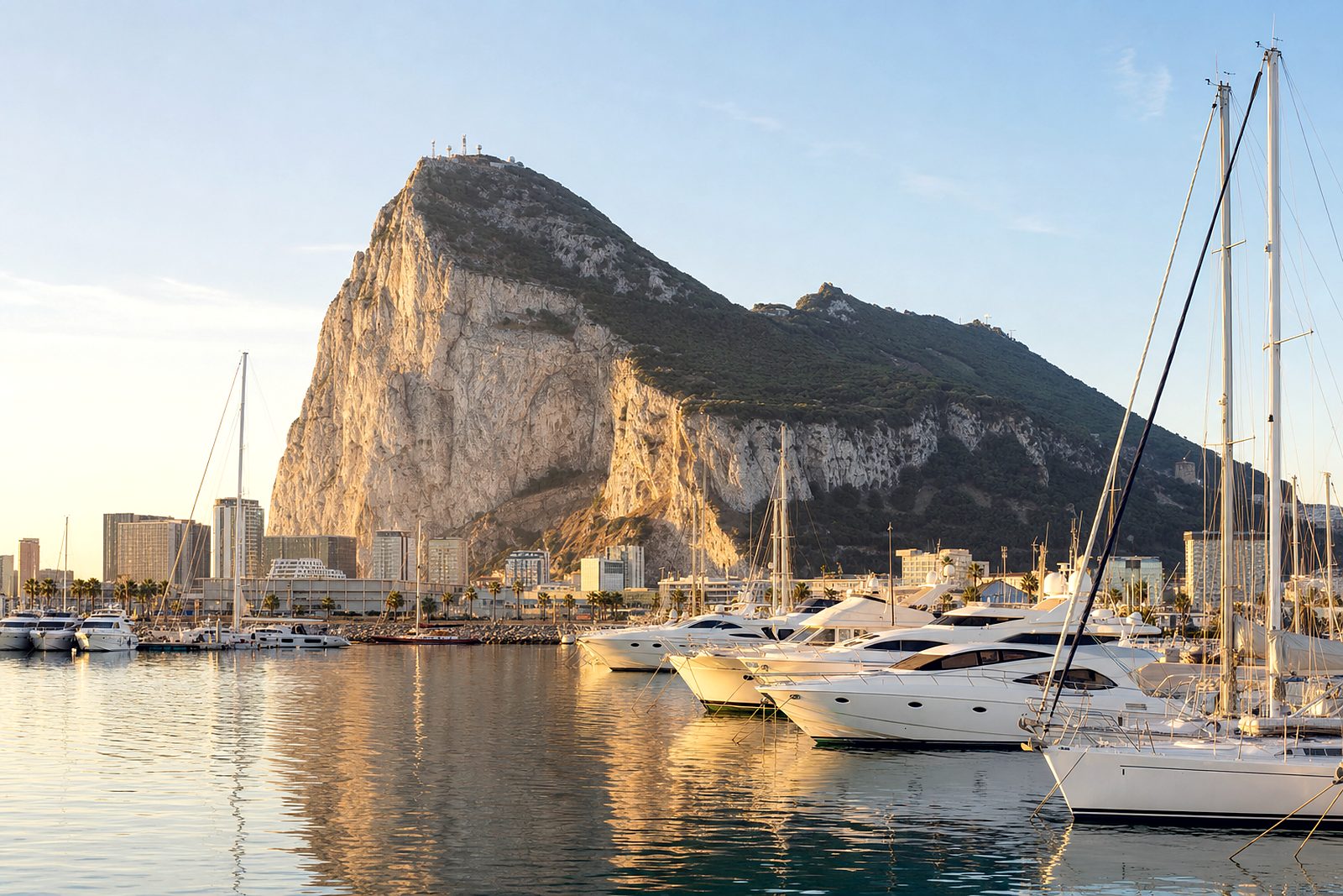 The Rock of Gibraltar seen across the marina