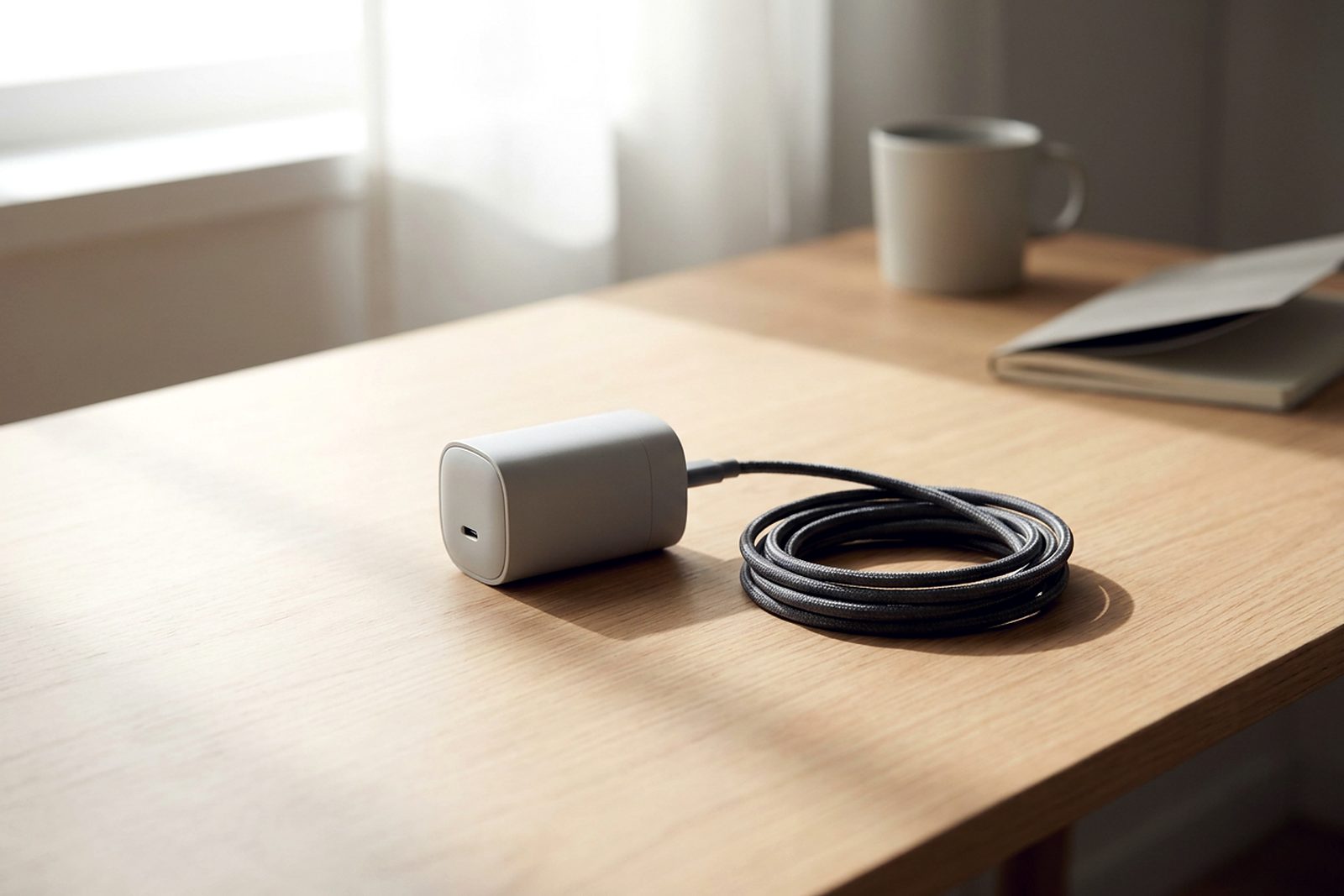 A single compact charger and one neatly coiled cable on a pale wooden desk