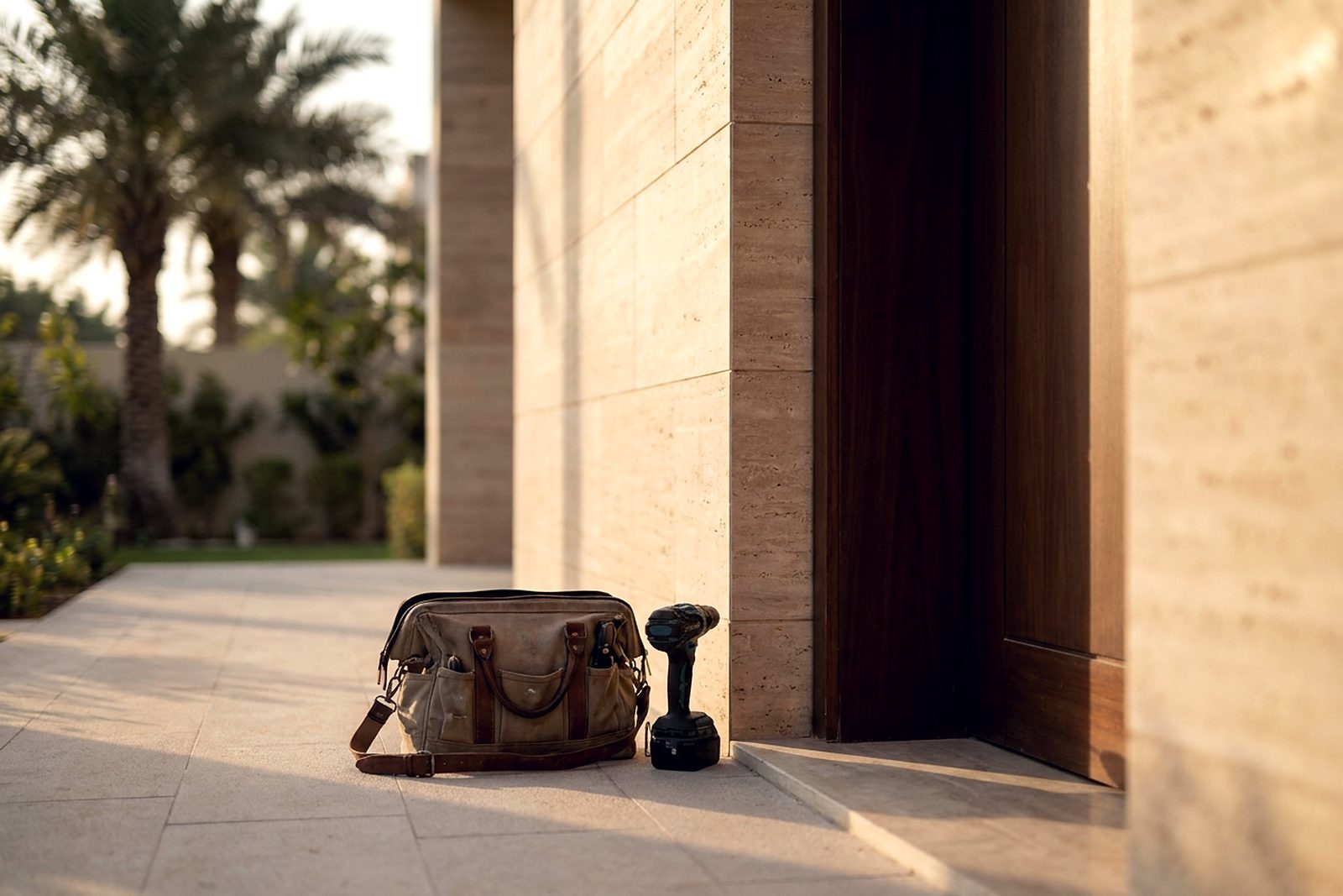 A tradesman's toolbag and cordless drill at the door of a contemporary Dubai villa at golden hour