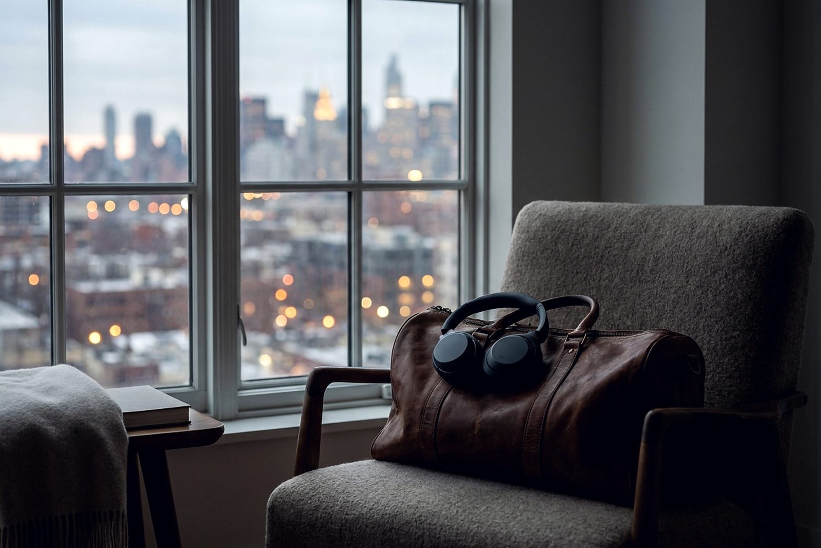 Premium over-ear headphones resting on a leather weekend bag beside a lounge window at dusk