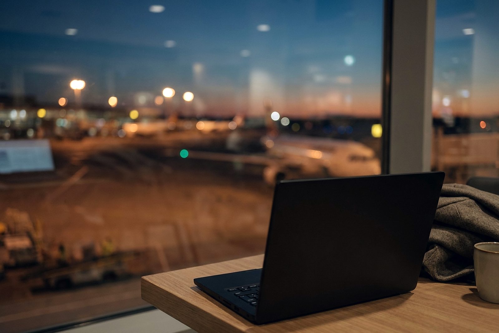 A matte black laptop open in an airport lounge at dusk, apron lights blurred through the glass