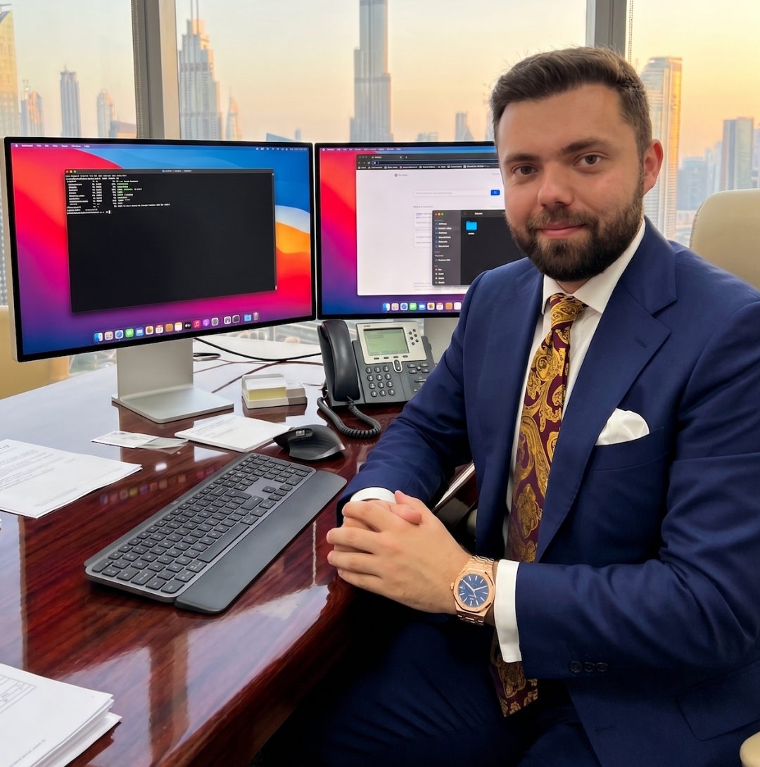 Trent Challis în biroul său din Dubai, cu vedere spre Burj Khalifa